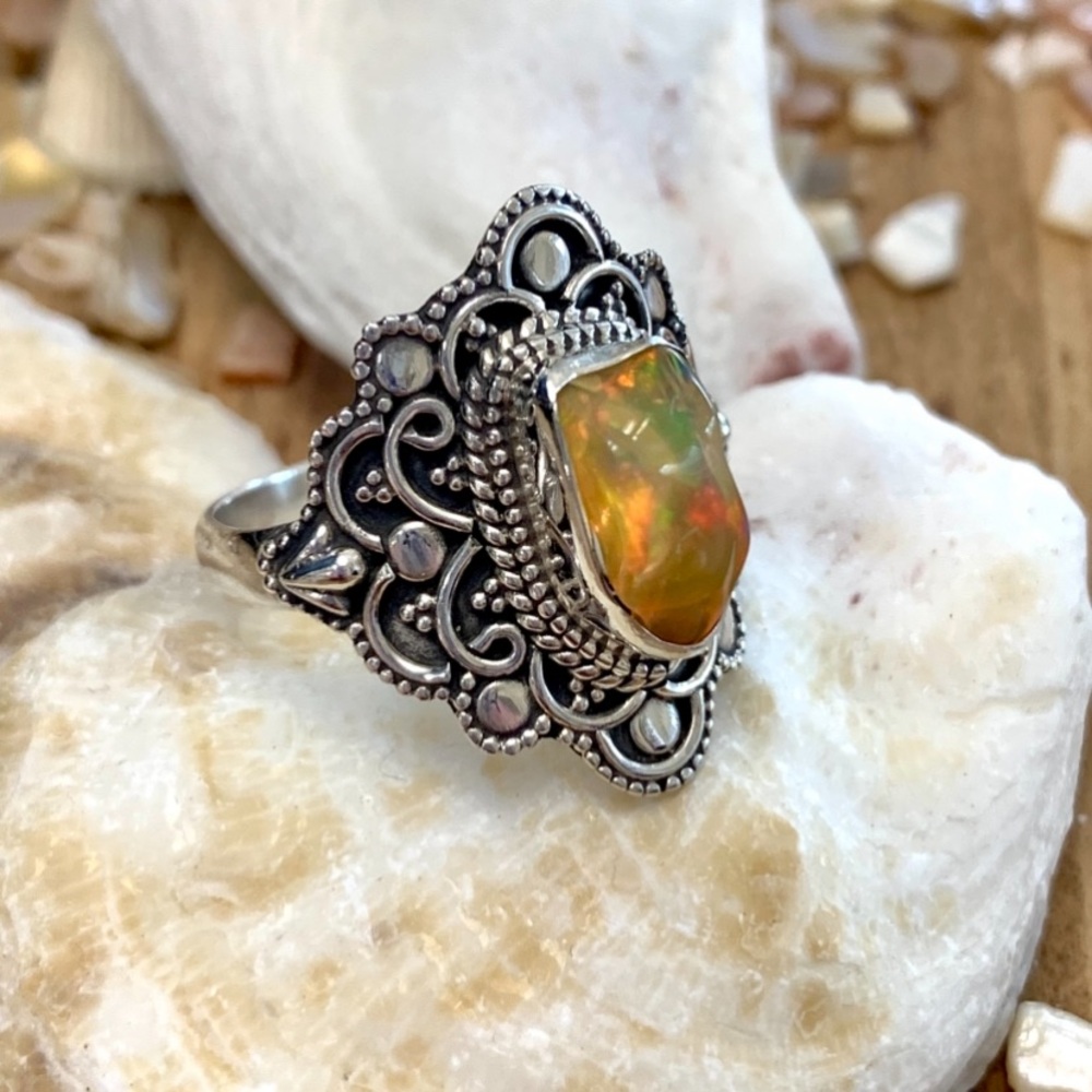 Natural Opal Sterling Silver Designed Ring - Picture 2 of 9
